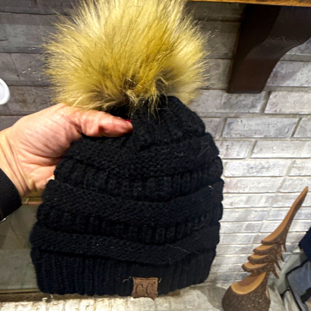 C.C Black Acrylic Knit Beanie Hat w/ Beige Pom Pom One Size Women Fall/Winter